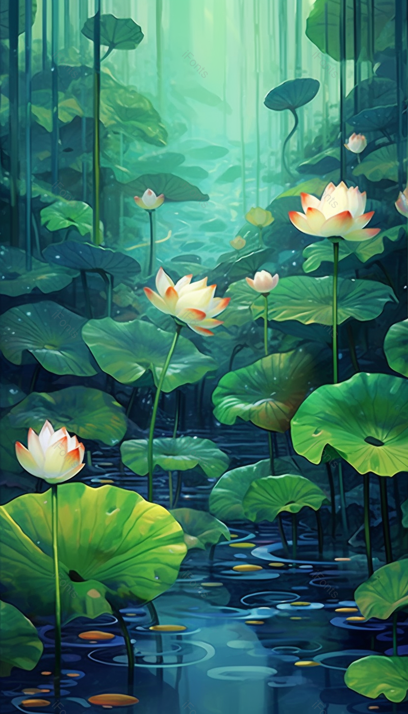 荷花荷叶连连写实插画绿色背景,插画/手绘图,插画/手绘图库,插画/手绘图下载,插画/手绘